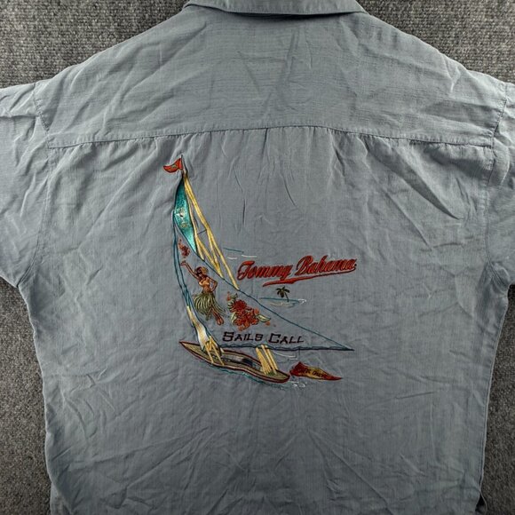 Tommy Bahama Sails Call Hula Girl Embroidered Hawaiian Shirt Blue 2XL Silk Adult - Picture 1 of 16